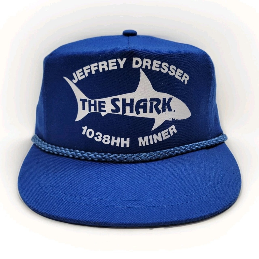 Vintage 80s Shark Hat Jeffrey Dresser 103hh‎ Mining Strapback Rope Cap Blue